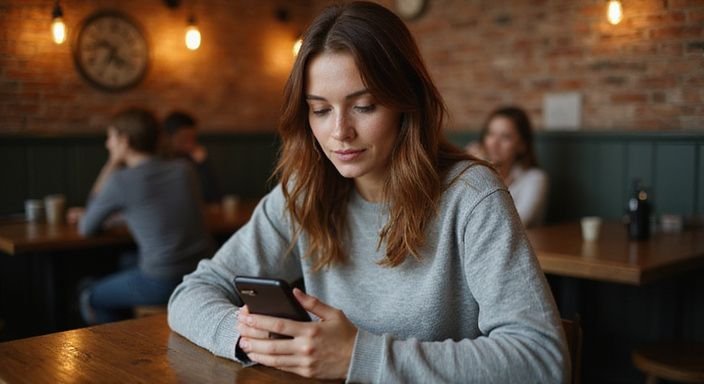 Een vrouw in een café kijkt gefocust naar haar smartphone