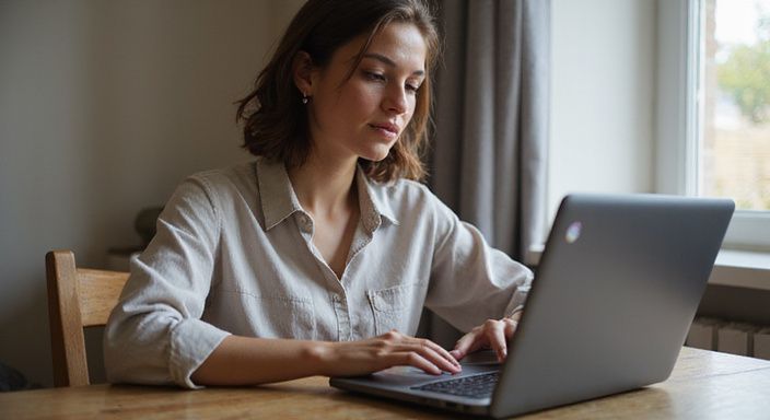 Vrouw in kantoor past privacy-instellingen op datingsite aan.