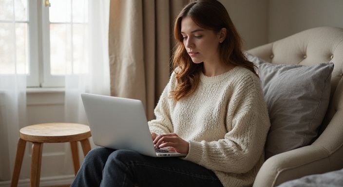 Een vrouw in een comfortabele stoel, geconcentreerd op haar laptop.