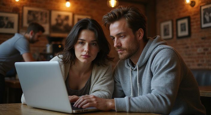 Een man en een vrouw werken samen aan een laptop in een koffiehuis en willen veilig en betrouwbaar een sexdate vinden.