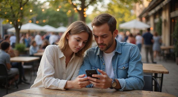 Jong stel verdiept in hun smartphones op een caféterras en willen veilig en betrouwbaar een sexdate vinden.