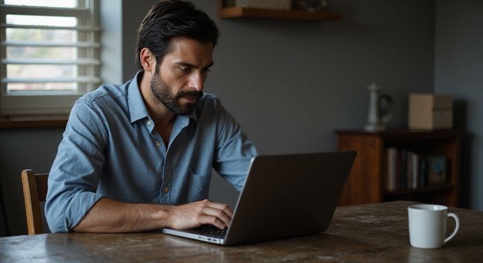 Een persoon concentreert zich op een laptop aan een houten bureau.