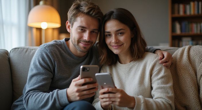 Een man en vrouw delen een ontspannen moment op een bank.