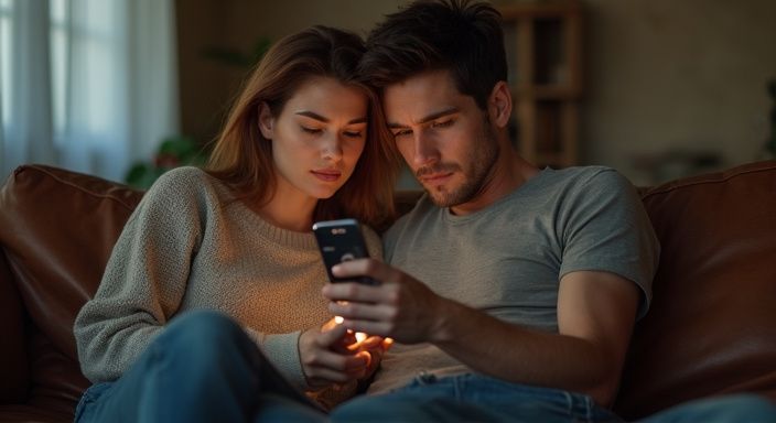 Een man en vrouw zitten dichtbij op een leren sofa, gefocust op hun telefoons.