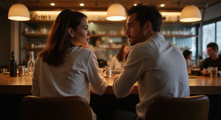 Een man en vrouw hebben een ontspannen gesprek aan de bar.