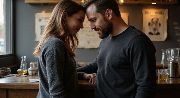 Een man en vrouw delen een intieme en speelse blik in een bar. Een man en vrouw delen een intieme en speelse blik in een bar en willen sex in Arnhem.