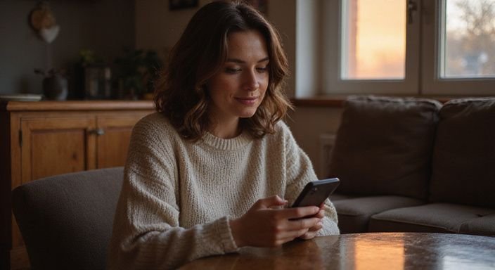 Een vrouw in een woonkamer scrollt op haar smartphone. Een vrouw in een woonkamer scrollt op haar smartphone en zoekt sex in Arnhem.