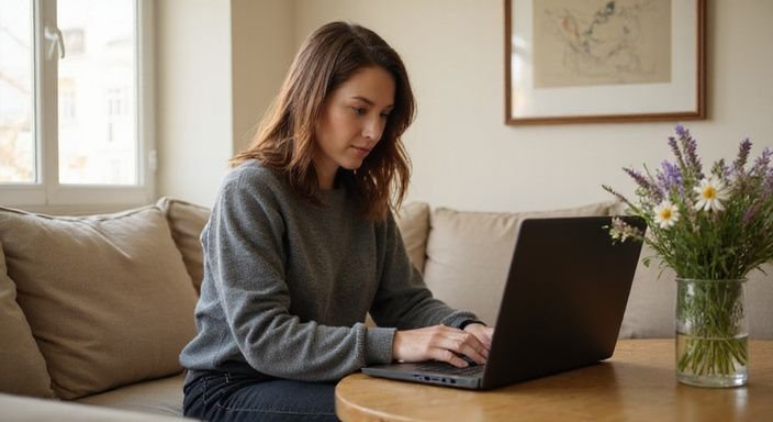 Een vrouw werkt geconcentreerd op haar laptop op een comfortabele bank. Een vrouw zoekt geconcentreerd op haar laptop naar sex in Arnhem.
