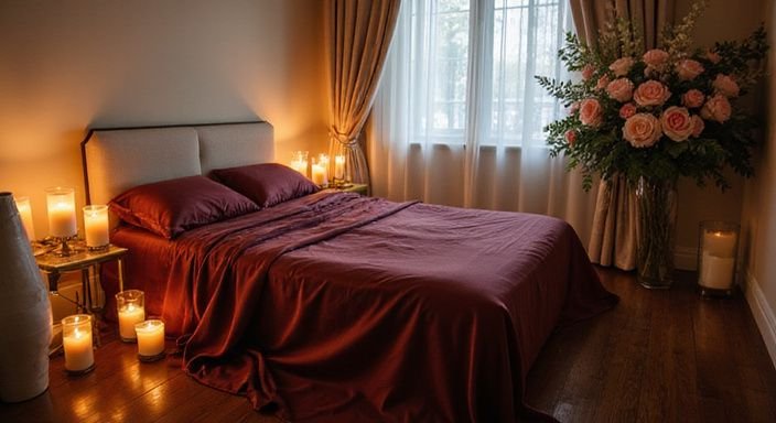 Elegante kamer met een zijden bed en prachtige bloemenarrangement. Elegante kamer met een zijden bed en prachtige bloemenarrangement.