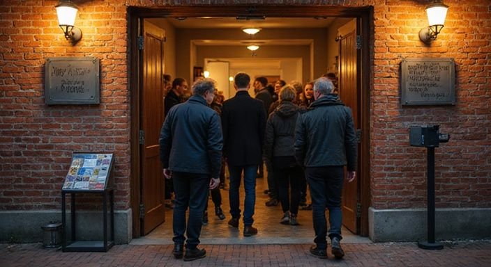 Een groep volwassenen betreedt een bescheiden gebouw met beveiliging. Een groep volwassenen betreedt een bescheiden gebouw met beveiliging.