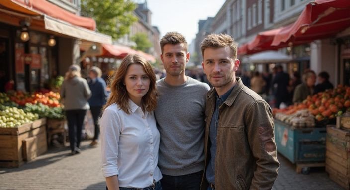 Drie vrienden in een levendige markt in Arnhem, genietend van het moment. Drie vrienden in een levendige markt in Arnhem, genietend van het moment.