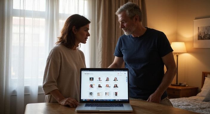 Een stel kijkt aandachtig naar een laptop in hun slaapkamer. Een stel kijkt aandachtig naar een laptop in hun slaapkamer.