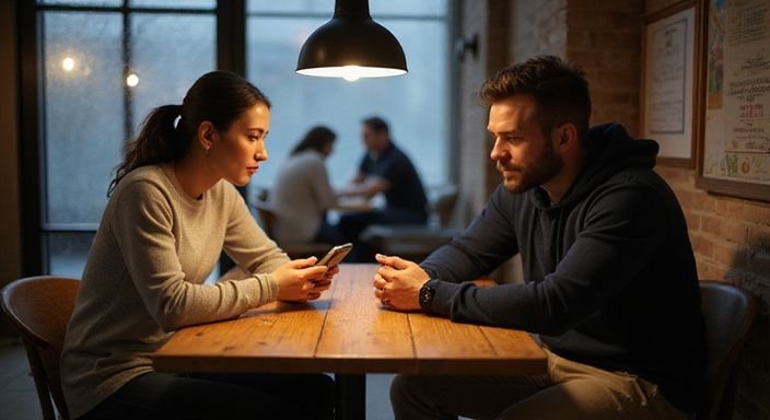Een man en vrouw hebben een serieuze conversatie in een café. Een man en vrouw hebben een serieuze conversatie over sex in Arnhem in een café.