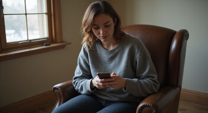 Een vrouw zit contemplatief in een leren fauteuil met haar telefoon. Een vrouw zit contemplatief in een leren fauteuil met haar telefoon.