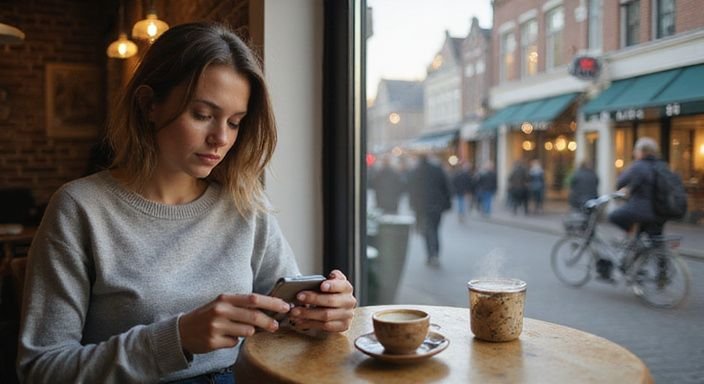 Een vrouw in een café, verdiept in haar smartphone. Een vrouw in een café, zoekt op haar smartphone naar sexcontact Haarlem.