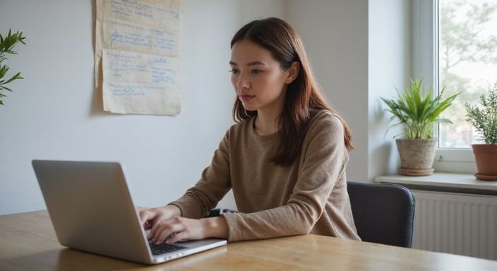 Een vrouw van eind twintig werkt geconcentreerd achter haar laptop. Een vrouw van eind twintig werkt geconcentreerd achter haar laptop.