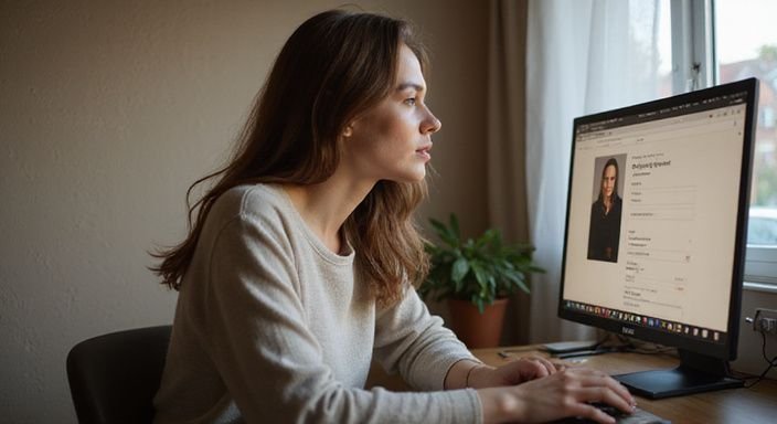 Een vrouw werkt geconcentreerd aan haar computer aan een houten bureau. Een vrouw werkt geconcentreerd aan haar computer aan een houten bureau.