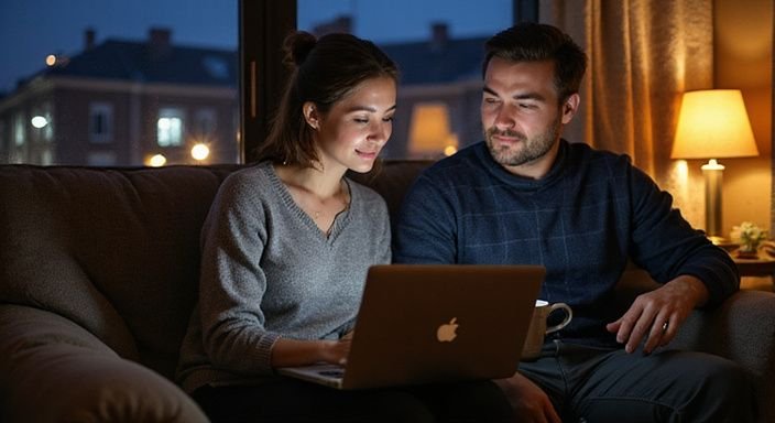 Een vrouw en man werken samen op een laptop op de bank. Een vrouw en man zoeken samen op een laptop naar sexcontact Haarlem.