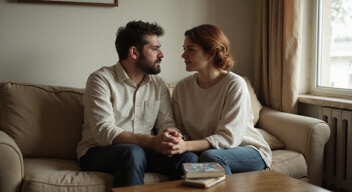 Een man en vrouw hebben een intiem gesprek in een woonkamer. Een man en vrouw hebben een intiem gesprek over sexcontact Haarlem in een woonkamer.