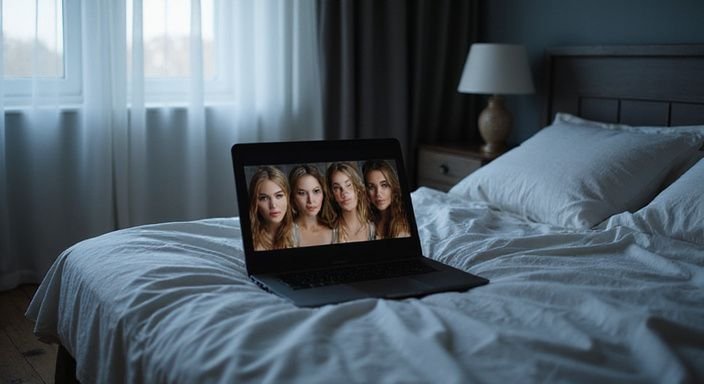 Een laptop toont profielen op een lokale datingwebsite in een slaapkamer. Een laptop toont profielen op een lokale datingwebsite voor sexcontact Haarlem in een slaapkamer.