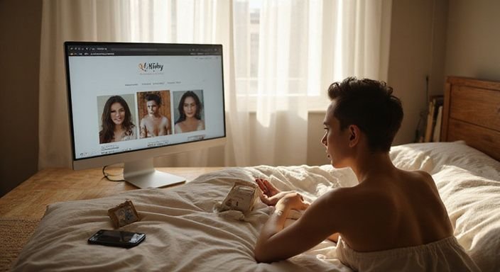 Een ontspannen persoon gebruikt een smartphone in een sfeervolle slaapkamer. Een ontspannen persoon gebruikt een smartphone in een sfeervolle slaapkamer.