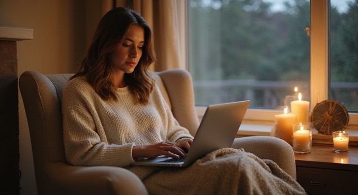 Een vrouw in een trui werkt geconcentreerd op haar laptop. Een vrouw in een trui werkt geconcentreerd op haar laptop.
