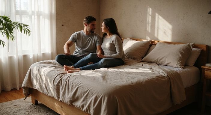 Een paar in een gezellige slaapkamer deelt een intiem moment. Een paar in een gezellige slaapkamer deelt een intiem moment.