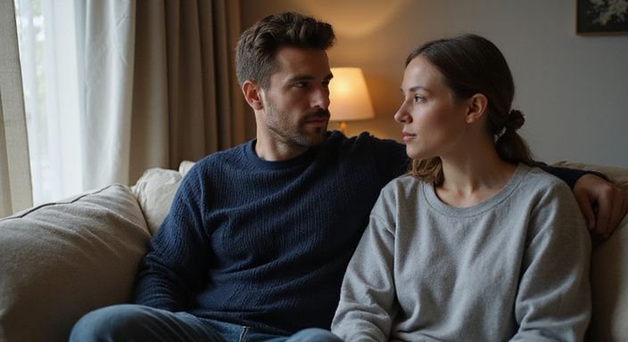 Een man en vrouw hebben een serieuze conversatie op een bank. Een man en vrouw hebben een serieuze conversatie over sexcontact Haarlem op een bank.