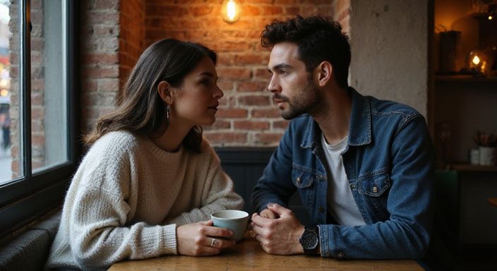 Een vrouw en man zitten intiem samen aan een houten tafel. Een vrouw en man zitten intiem samen aan een houten tafel.