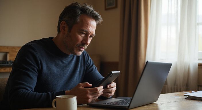 Een middelbare man verdiept in zijn smartphone en laptop. Een middelbare man verdiept in zijn smartphone en laptop.