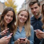 Groep jonge volwassenen gebruikt smartphones terwijl ze samen buiten staan