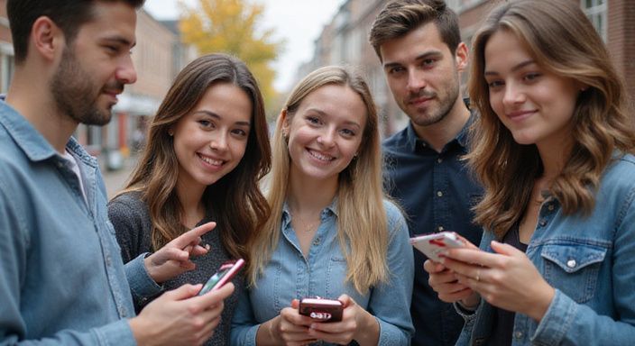 Groep jonge volwassenen gebruikt smartphones terwijl ze samen buiten staan. Groep jonge volwassenen gebruikt smartphones terwijl ze samen buiten staan.