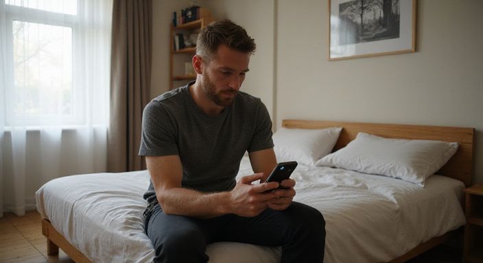 Een man scrollt geconcentreerd op zijn smartphone in slaapkamer. Een man scrollt geconcentreerd op zijn smartphone en zoekt naar sexcontact Maastricht.