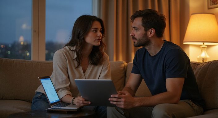 Een vrouw en man in gesprek in een gezellige woonkamer. Een vrouw en man in gesprek over sexcontact Maastricht in een gezellige woonkamer.