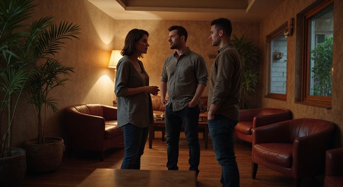 Een ontspannen gesprek tussen twee stellen in een stijlvolle lounge. Een ontspannen gesprek tussen twee stellen in een stijlvolle lounge.