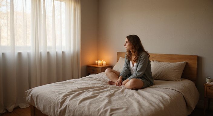 Een vrouw zit ontspannen op een bed in een gezellige slaapkamer. Een vrouw zit ontspannen op een bed in een gezellige slaapkamer.