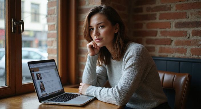 Een vrouw in een café, geconcentreerd op haar laptop. Een vrouw in een café, geconcentreerd op haar laptop.