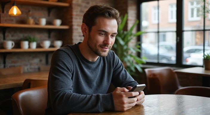 Een man met een smartphone lacht in een gezellige koffietent.