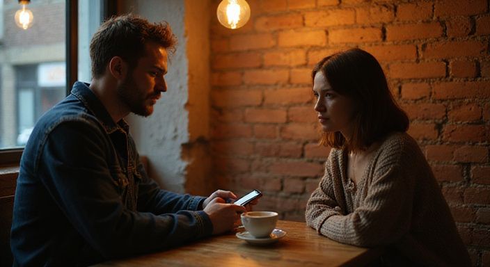 Een man en een vrouw delen een intiem moment in een café.