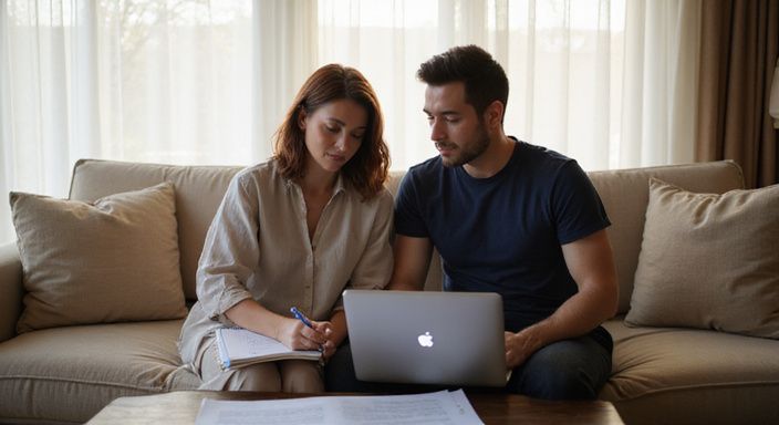 Een stel werkt samen aan een veilige datingafspraak in de woonkamer voor man zoekt vrouw sexcontacten.