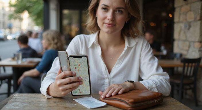 Een vrouw verifieert haar ID op een dating-app voor man zoekt vrouw sexcontacten in een café.