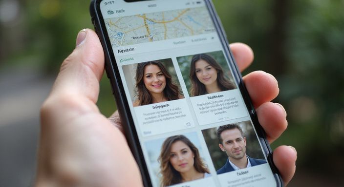 Een close-up van een datingapp met gebruikersprofielen en kaarten.
