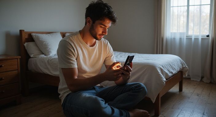 Een jonge man zit op bed en bekijkt een dating-app voor man zoekt vrouw sexcontacten.