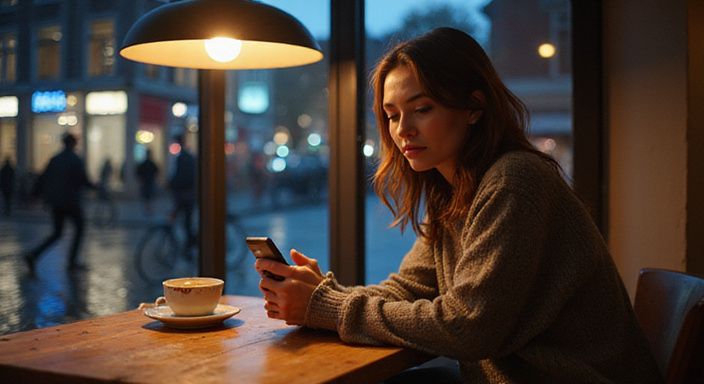 Een vrouw zit alleen in een café, verdiept in haar telefoon.