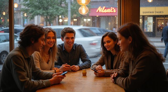Vijf vrienden genieten van gesprekken in een café met stadszicht.