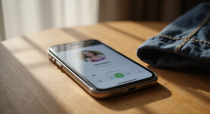 Een smartphone op een houten bureau met een dating app voor man zoekt vrouw sexcontacten geopend.