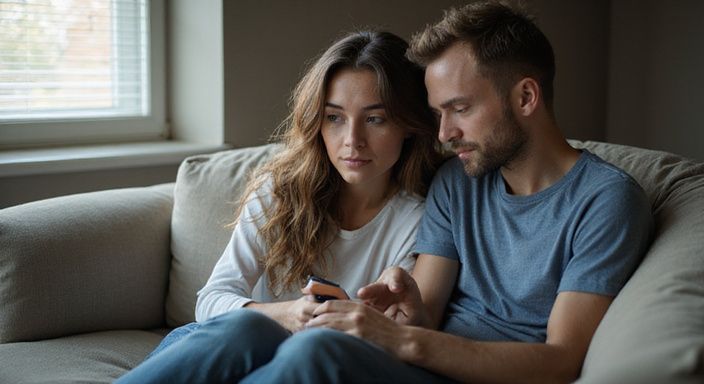 Een vrouw en man delen een intiem moment op de bank.