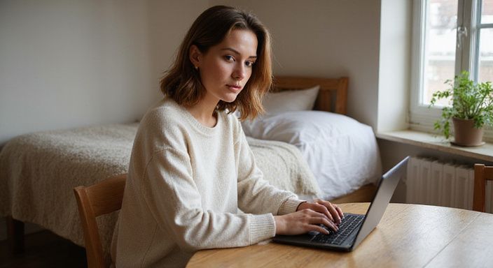 Een vrouw werkt geconcentreerd aan haar laptop in een gezellige slaapkamer.