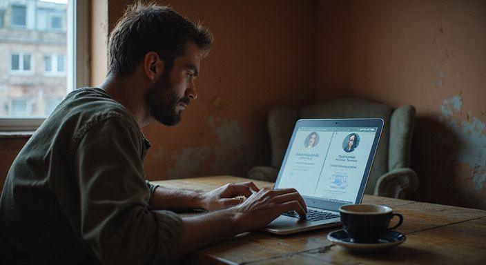 Een man typt geconcentreerd op een laptop in een bescheiden kamer en zoekt man zoekt vrouw sexcontacten.