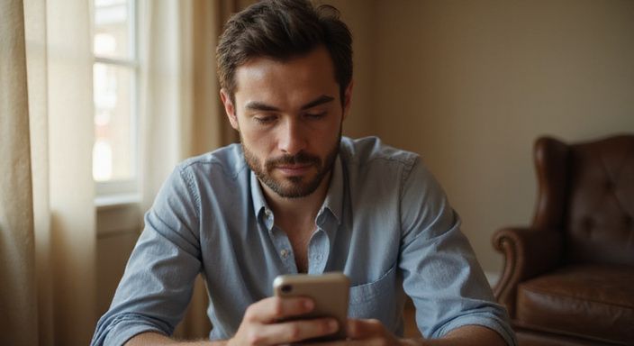 Een man kijkt aandachtig naar zijn smartphone in de woonkamer en zoekt man zoekt vrouw sexcontacten.